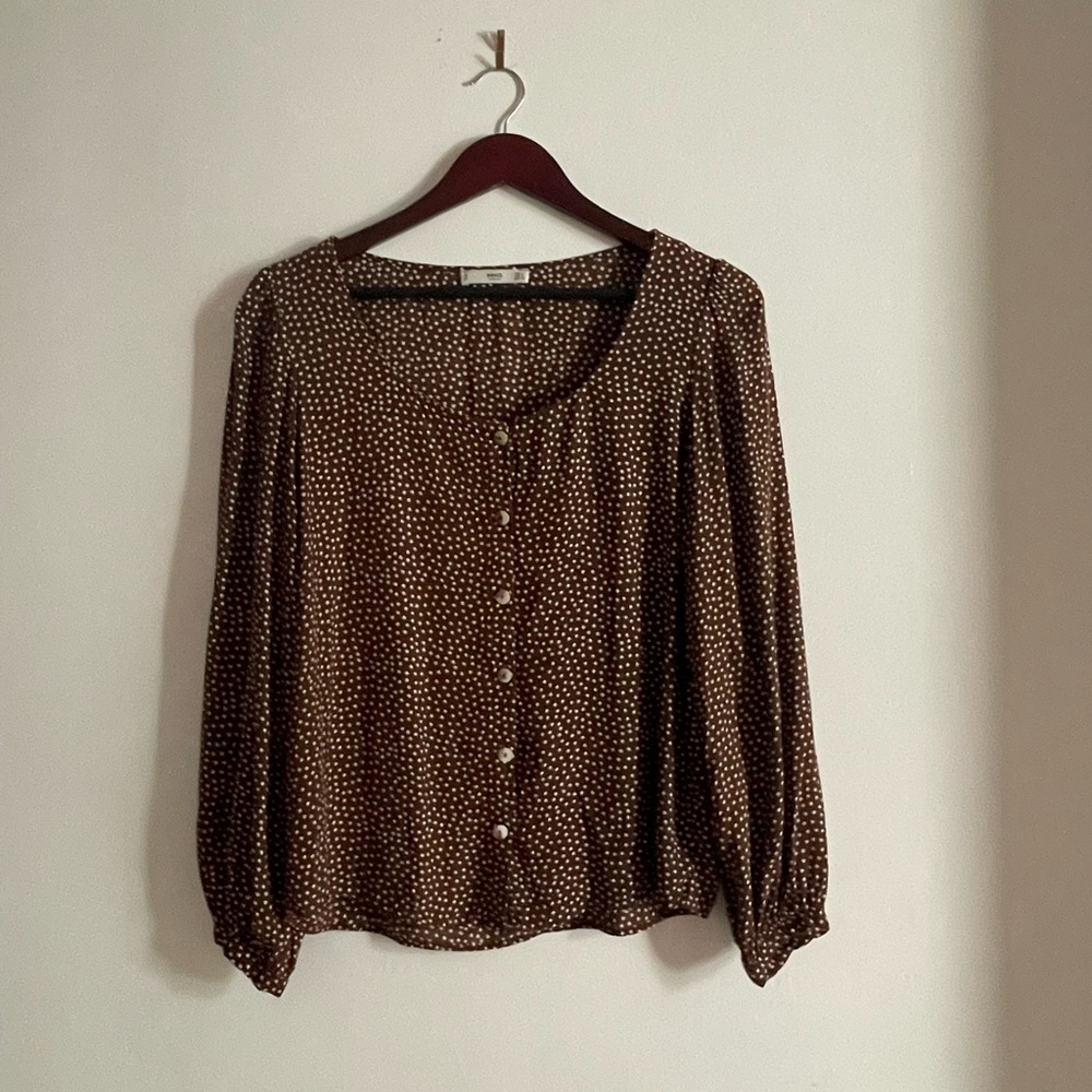 Mango Chocolate Brown Long Sleeve Polka-dot Blouse
